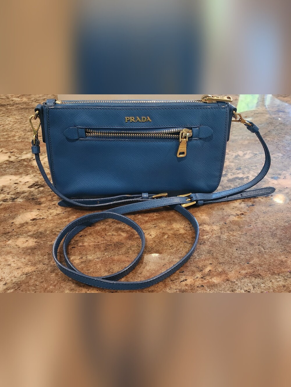 Prada Blue Saffiano Leather Crossbody with Gold Hardware